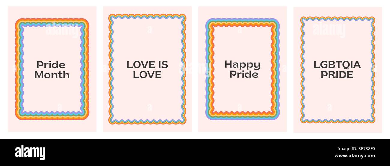 Set di poster LGBTQ Pride Month con cornici ondulate arcobaleno. Striscioni verticali dall'estetica retrò con slogan Love is Love e Happy Pride per i social Illustrazione Vettoriale