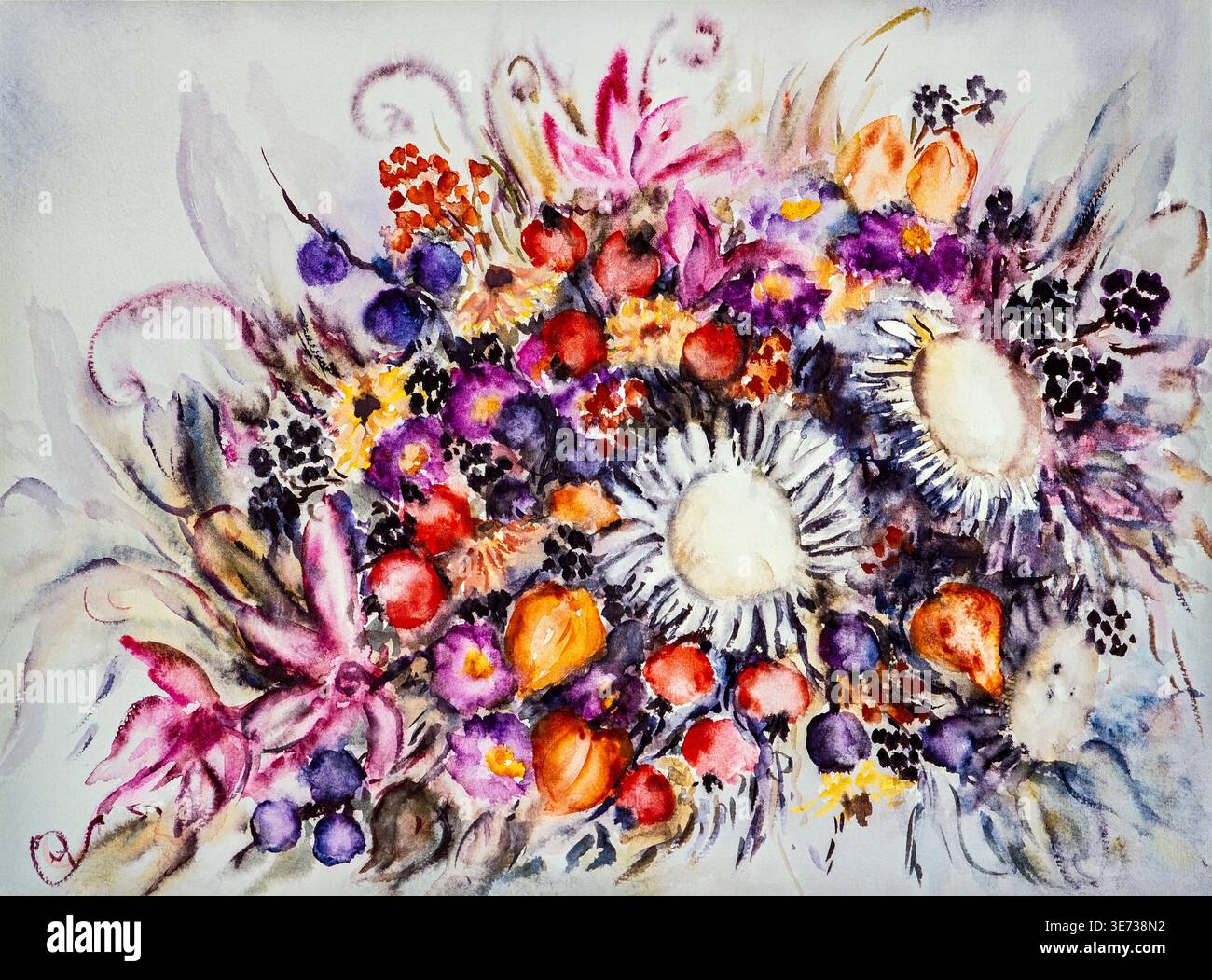Acquerello di Heidemarie Mayer, acquerello di fiori, bouquet autunnale con cardo d'argento, bouquet di fiori secchi Foto Stock