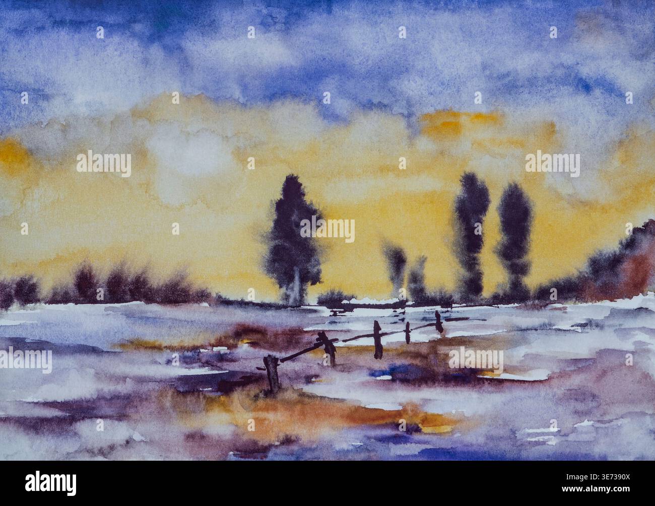 Acquerello di Heidemarie Mayer, acquerello paesaggio, tramonto Foto Stock