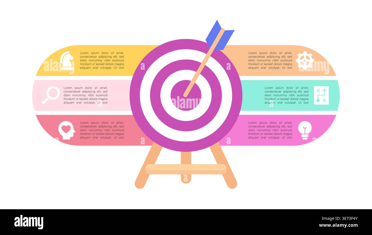 Diagramma di destinazione infografica con sequenza temporale multicolore e illustrazione vettoriale freccia Illustrazione Vettoriale