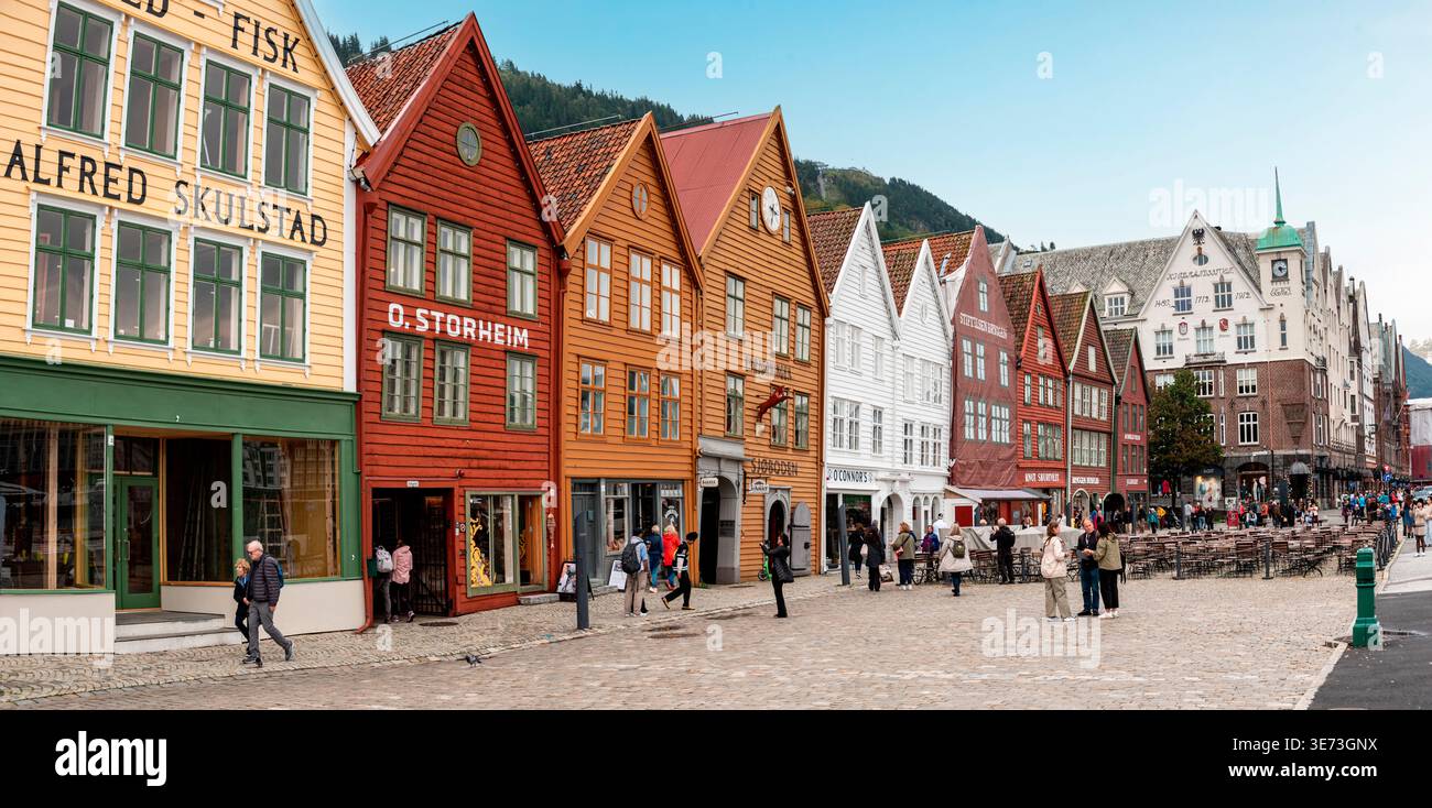 Bergen, Norvegia, famose case nell'ex distretto commerciale anseatico di Bryggen a Bergen, Norvegia Foto Stock
