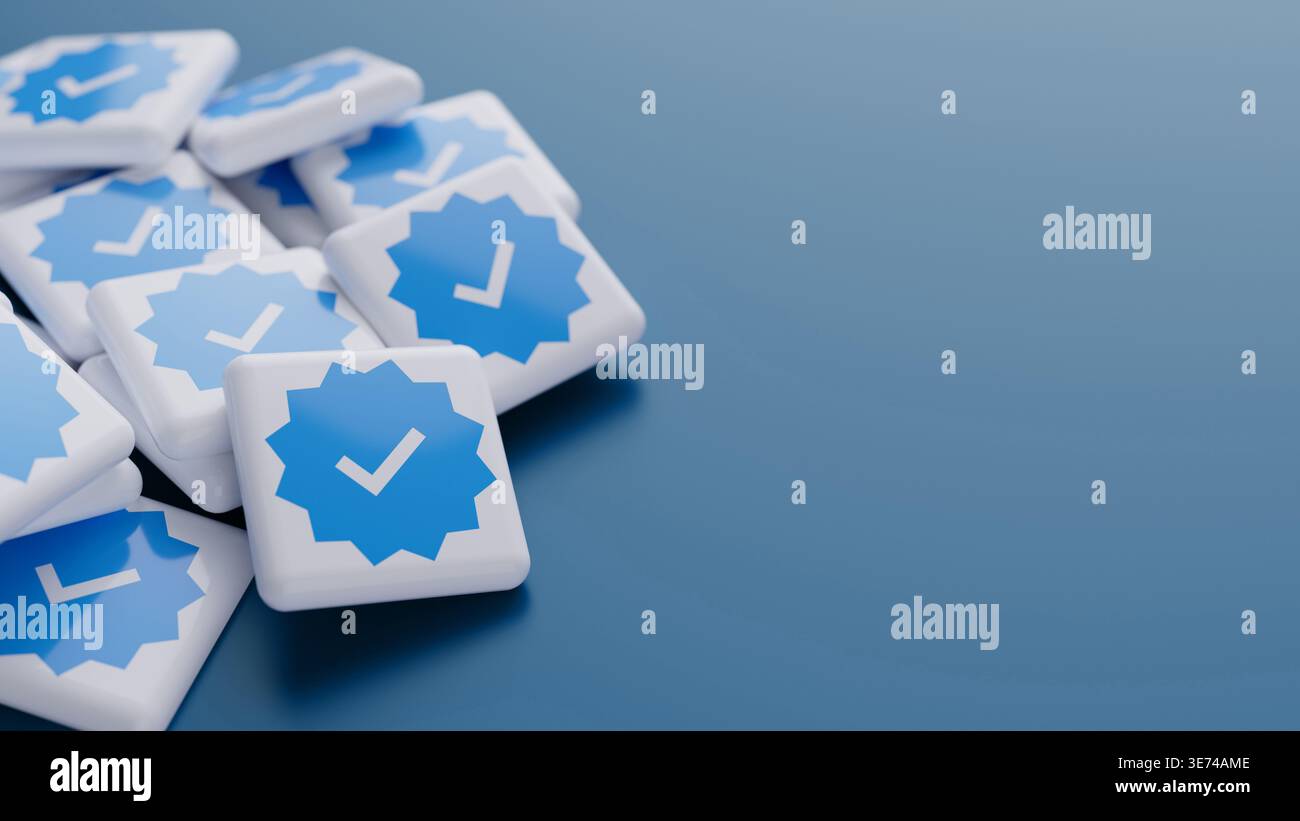 Segno di spunta verificato su Instagram in una grande pila su sfondo blu con spazio di copia come intestazione banner Web Foto Stock