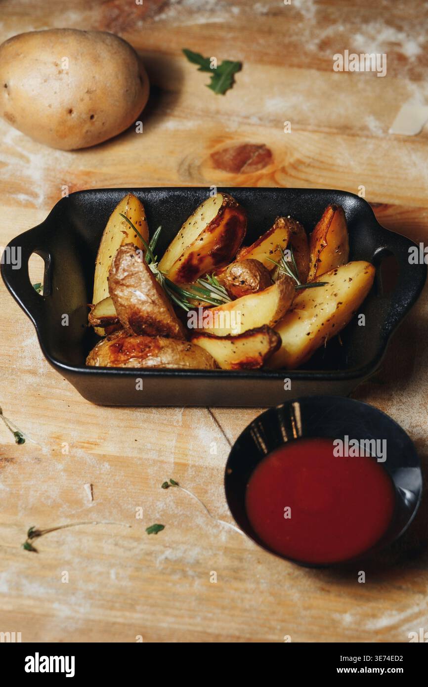 Patate croccanti arrostite con rosmarino in un piatto di ceramica nera servito con ketchup di pomodoro su un rustico tavolo in legno. Foto Stock
