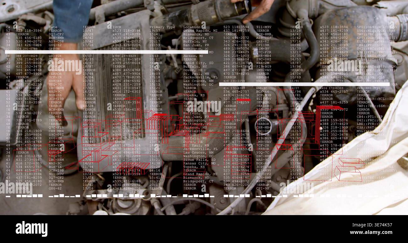 Fissaggio delle mani tecniche regolazione delle cinghie e dei tubi flessibili del motore in officina con camicia blu da lavoro, sovrapposizione dati. Catena cinematica, meccanico, cablaggio, schema, officina, a. Foto Stock