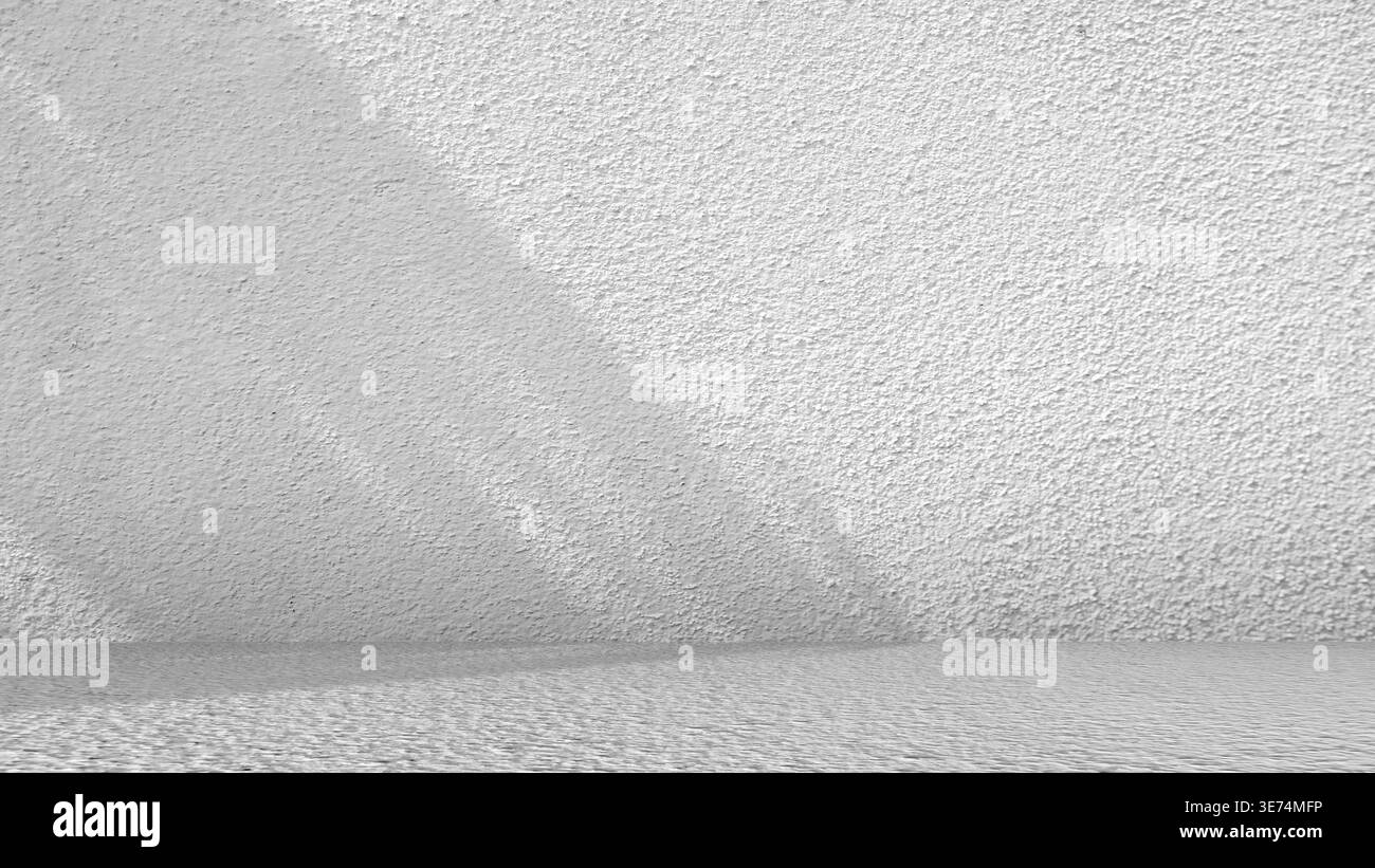 Sfondo bianco per pareti in cemento con ombra naturale. Interni minimalisti per ambienti vuoti per mockup di prodotti. Pareti in cemento testurizzato con luce solare e shado Foto Stock