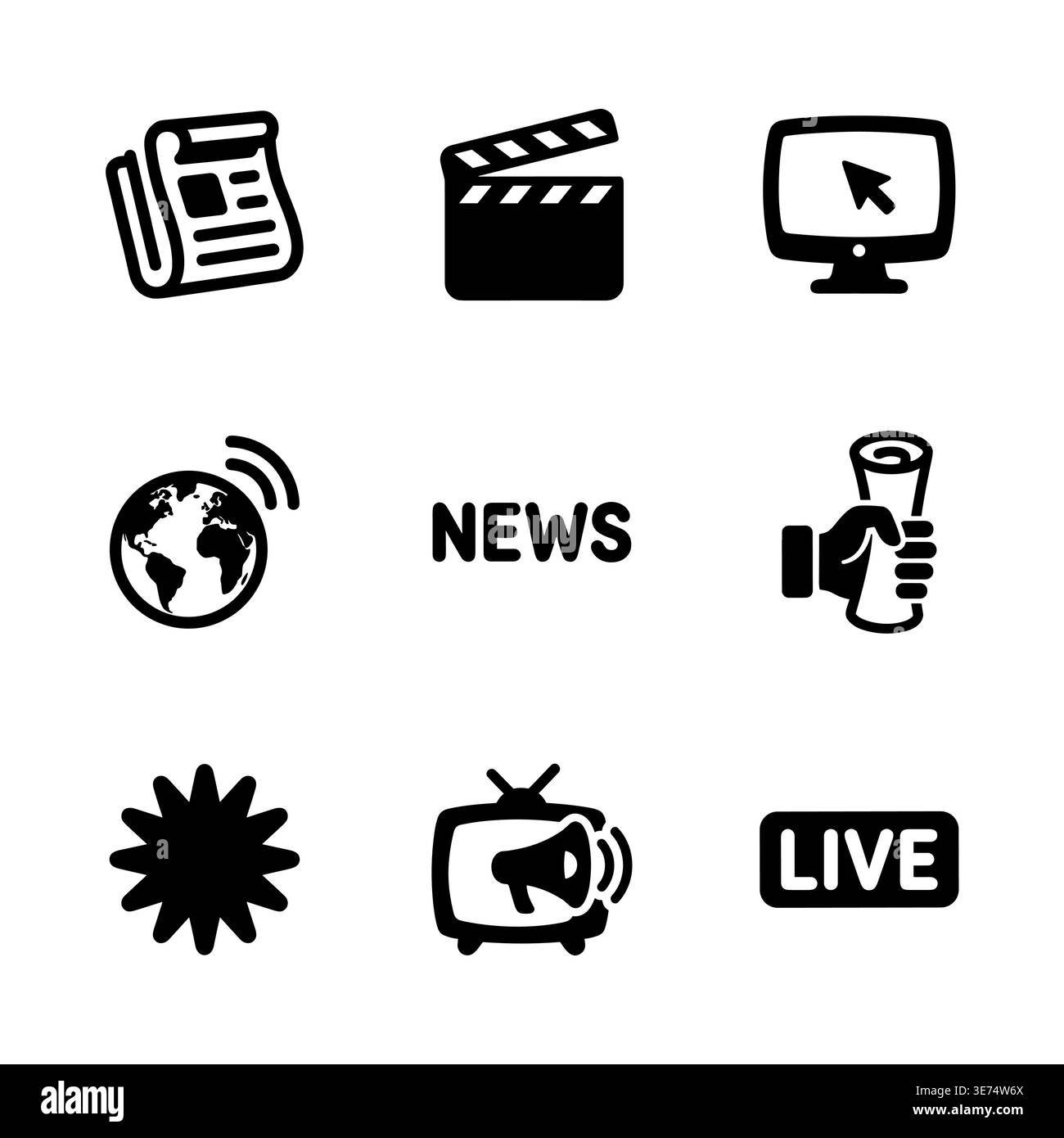 Set di notizie e icone dei media in bianco e nero Illustrazione Vettoriale
