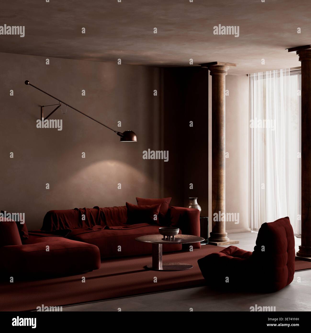 Moderno soggiorno con illuminazione cinematografica e tonalità calde, arredamento minimalista e arredi contemporanei per interni di lusso Foto Stock