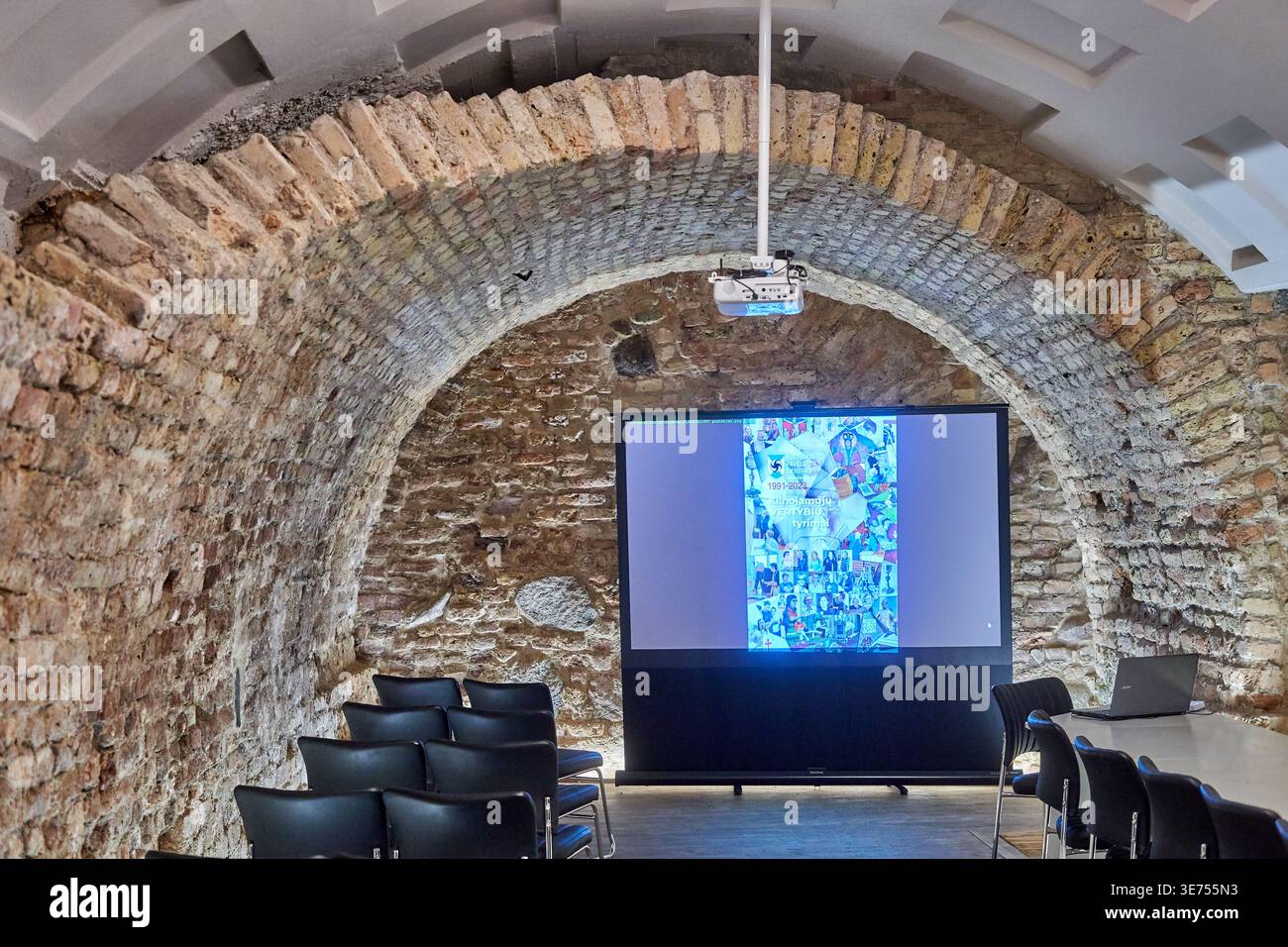 Vista interna di una sala conferenze moderna situata in una volta in pietra storica con pareti e soffitto ad arco in mattoni e pietra a vista. Il Foto Stock