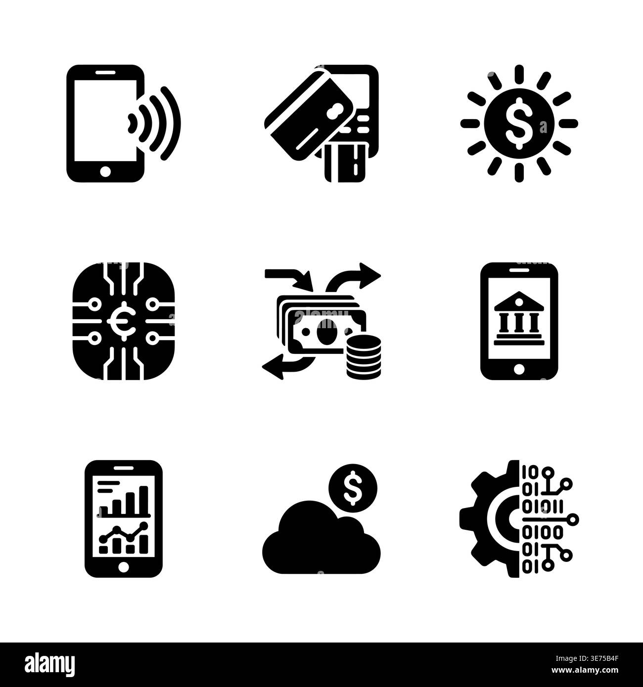 Set di icone di glifo nere per fintech ed e-banking Illustrazione Vettoriale