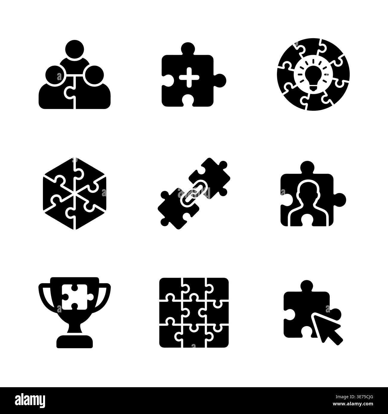 Illustrazione in stile glifo nero con le icone dei puzzle Illustrazione Vettoriale