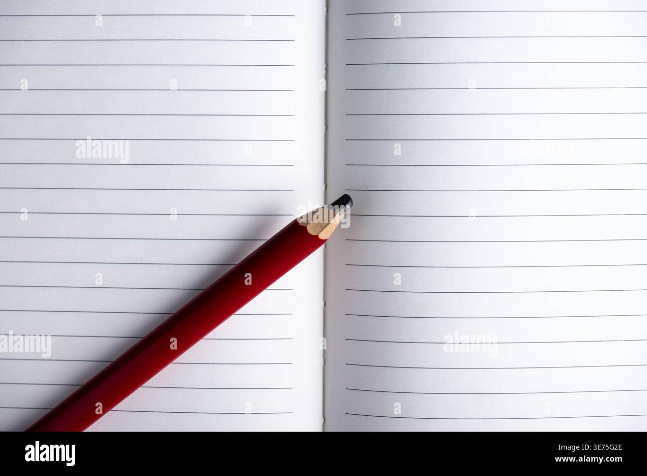 Quaderno aperto con matita su sfondo bianco. Composizione con vista dall'alto e spazio di copia, ideale per scrittura, pianificazione, inserimento nel Journal e co-produttività Foto Stock