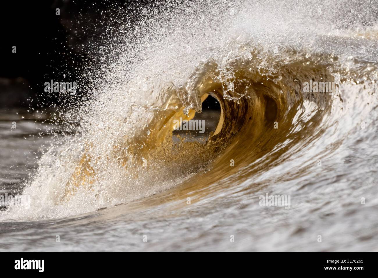 Onde di curling dorate che si infrangono sul litorale con spruzzi scintillanti congelati in movimento. Foto Stock