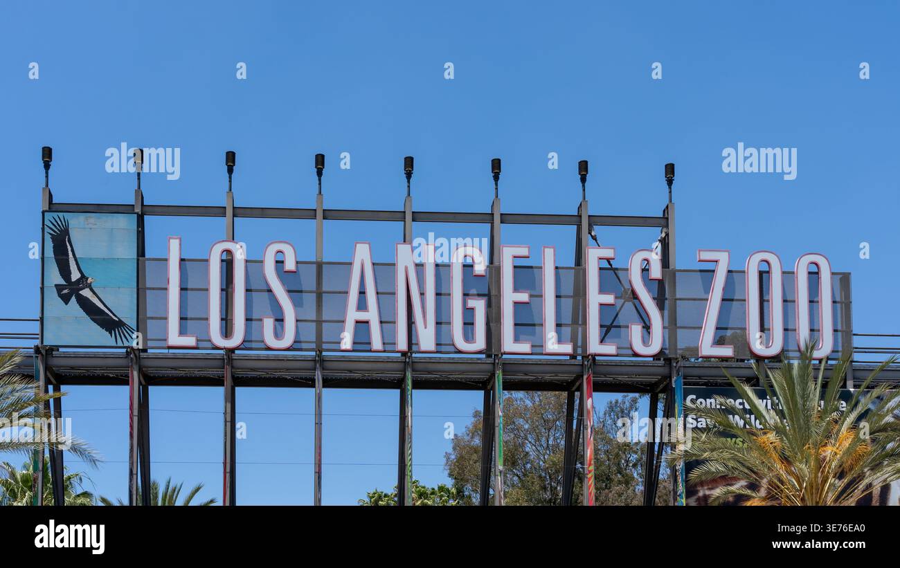 Il primo piano del cartello dello zoo di Los Angeles è mostrato a Los Angeles, California, Stati Uniti Foto Stock