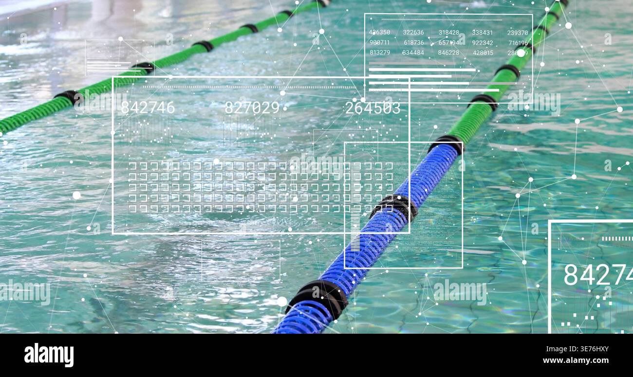 Mostra il divisore di corsia galleggiante blu che taglia l'acqua della piscina, con divisore verde e nodi HUD Foto Stock