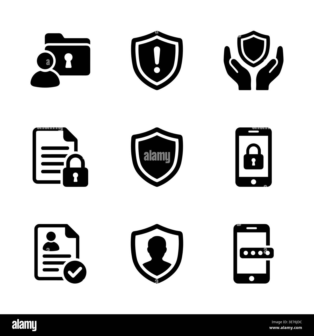Set di icone di sicurezza nere su sfondo bianco, illustrazione vettoriale Illustrazione Vettoriale