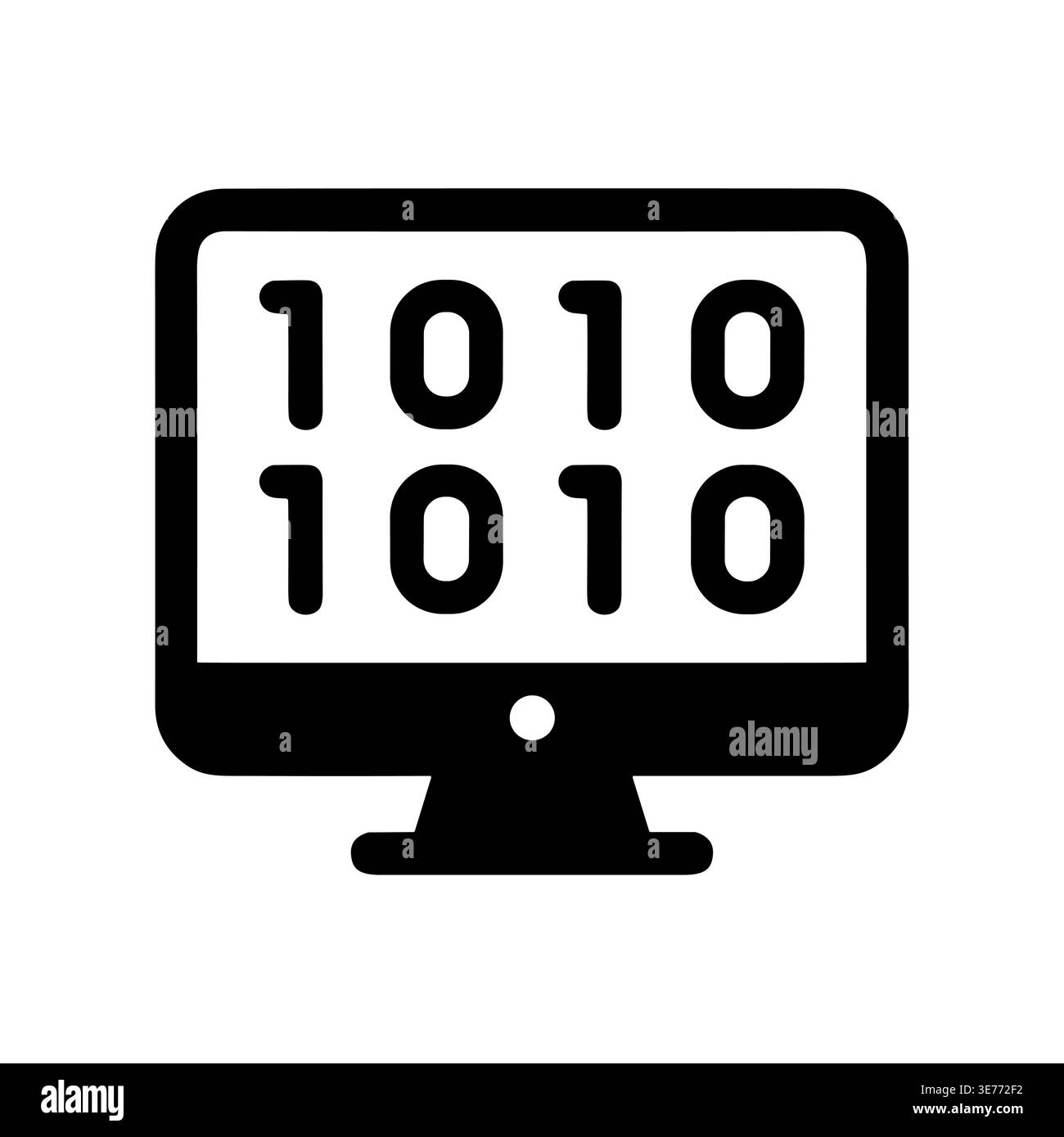 Schermo del computer che visualizza l'icona minima in bianco e nero del codice binario Illustrazione Vettoriale