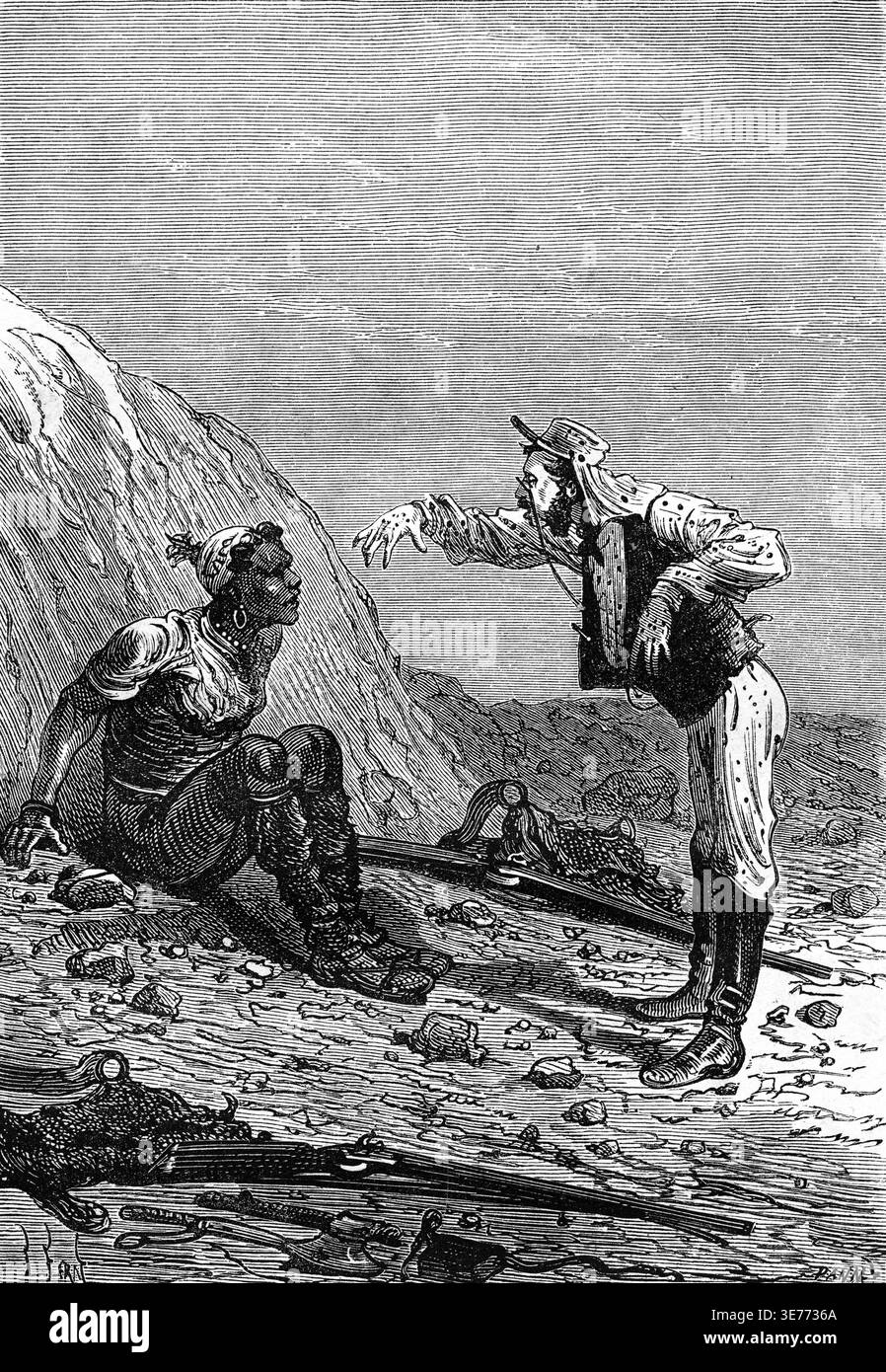 Questa piaga di insetti, illustrazione vintage incisa. Jules Verne 3 Russo e 3 inglese, 1872 Foto Stock