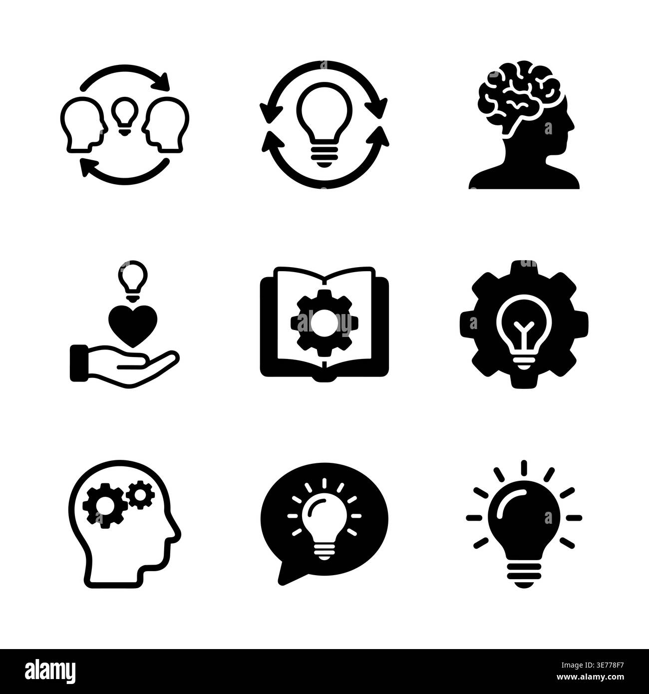Icone in bianco e nero di idee creative e brainstorming Illustrazione Vettoriale