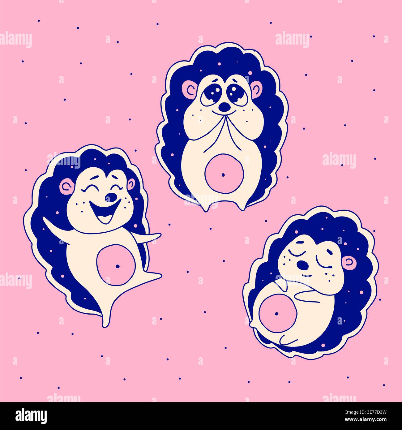 Simpatici personaggi di riccio ambiati su sfondo rosa con emozioni diverse Illustrazione Vettoriale