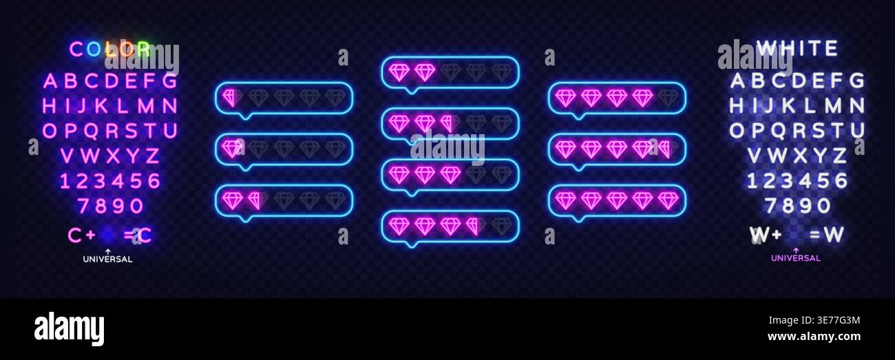 Bolle al neon diamantate che brillano con colori brillanti. Icone di feedback di lusso che mostrano diversi livelli di valore su sfondo con mattoni scuri Illustrazione Vettoriale