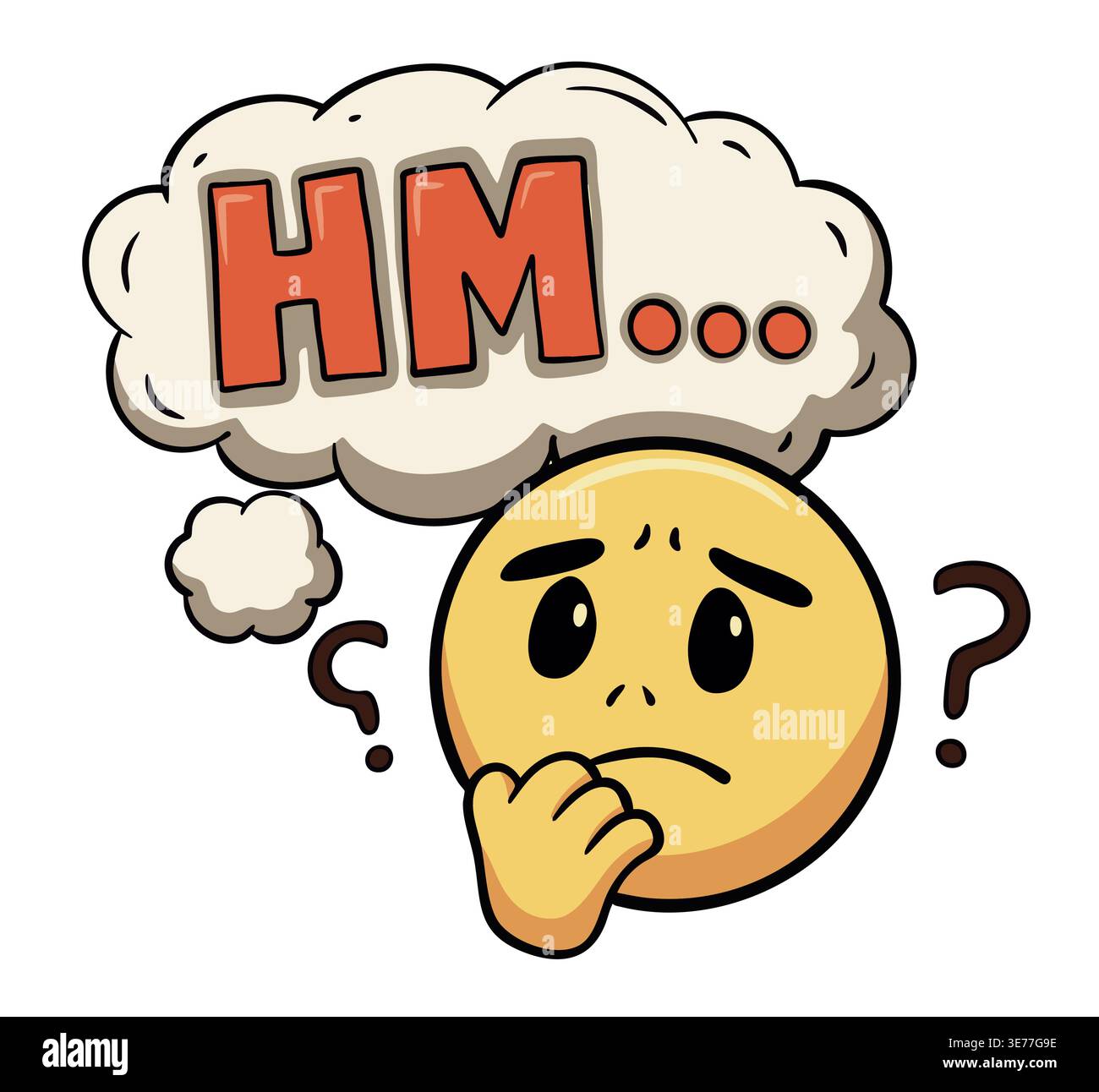 Emoji pensante con lettere e icone Hm, illustrazione di espressioni colorate Illustrazione Vettoriale