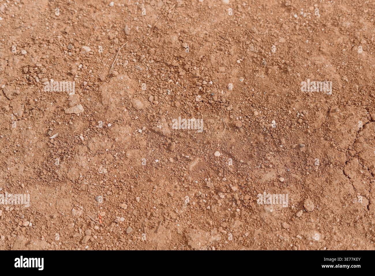 La consistenza del terreno sporco mostra un terreno secco di colore marrone rossastro con sabbia fine e piccole pietre per sfondi naturali Foto Stock