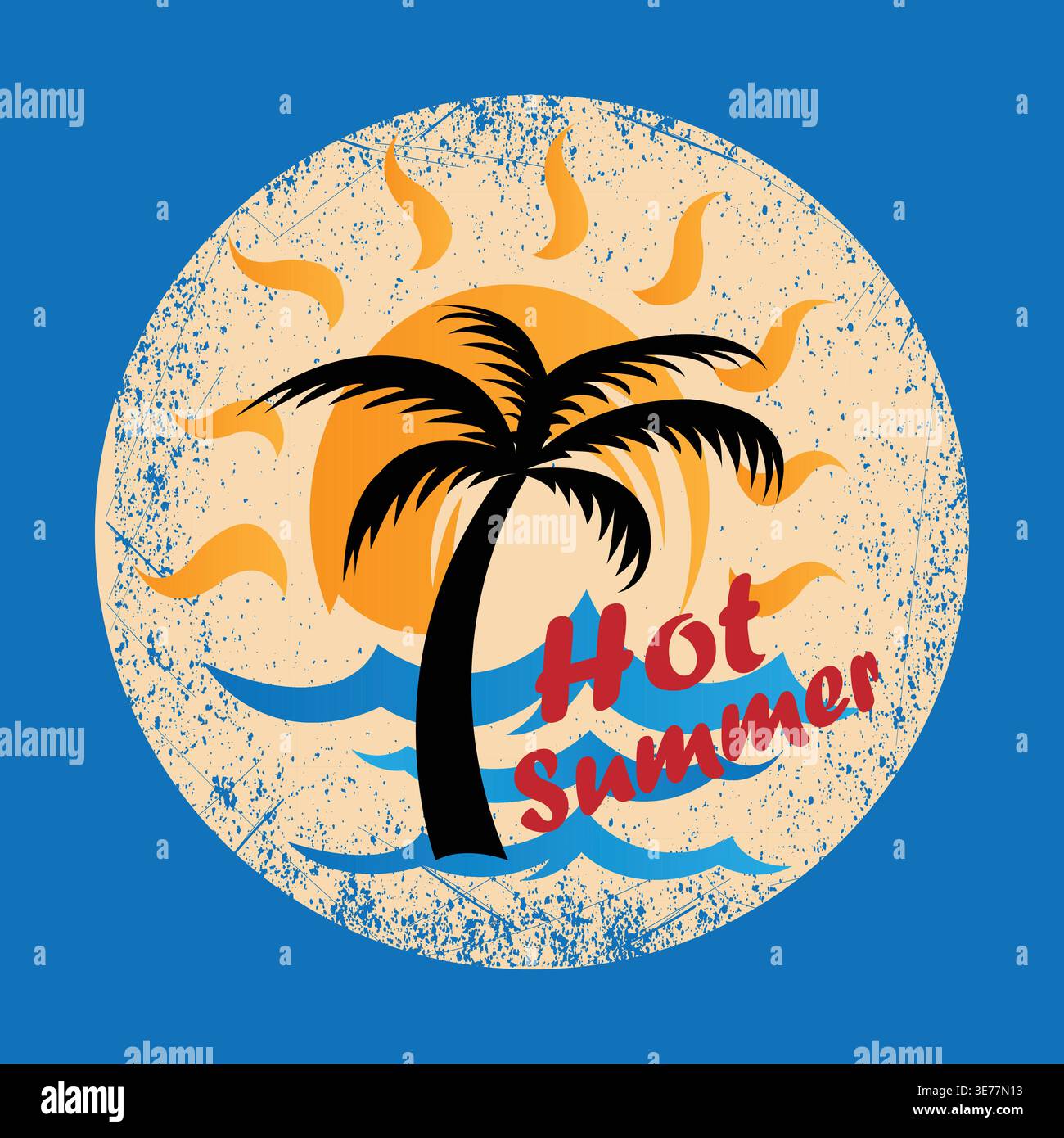 Hot Summer Vintage Design – illustrazione retro Tropical Beach Vector di Palm Tree, Sun e Ocean Waves Illustrazione Vettoriale