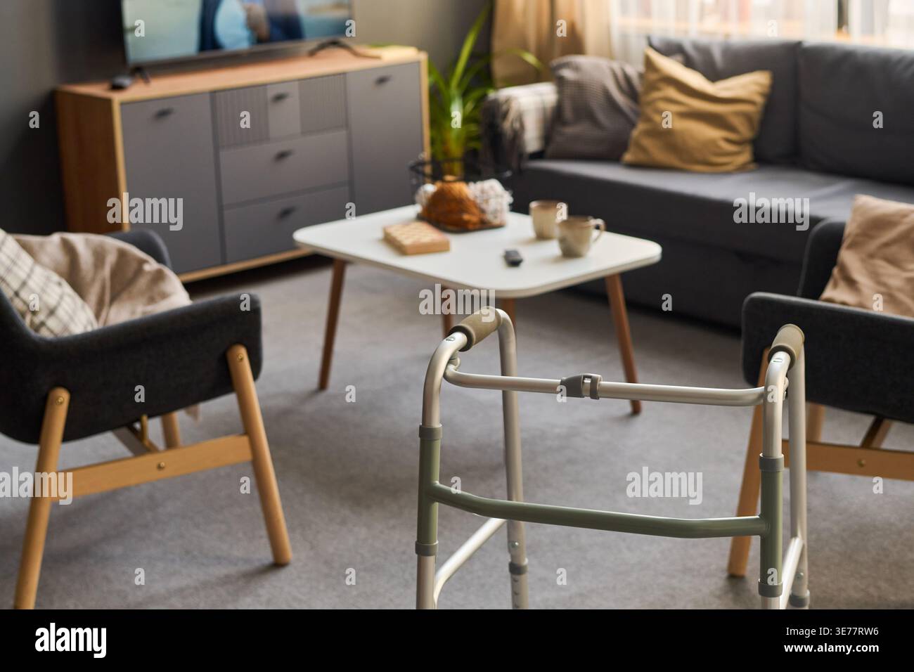Walker in piedi in salotto, in rappresentanza del sostegno alla mobilità degli anziani, della riabilitazione domestica, della vita assistita, dell'invecchiamento sul posto. Scatto ad angolo alto, utile per il settore sanitario, la cura, il marketing assicurativo Foto Stock