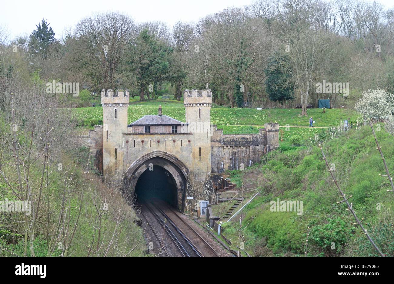 Ingresso nord al tunnel ferroviario di Clayton sulla linea Londra-Brighton del Regno Unito. Famosa per le sue torrette, lo stile di un castello e il cottage. Foto Stock