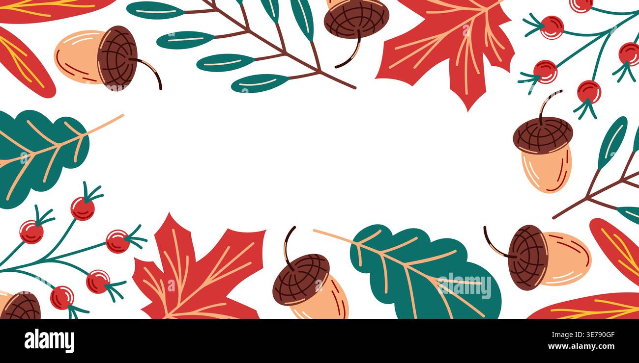 Cornice autunnale con varie foglie autunnali, ghianda e bacche per la decorazione, biglietto d'auguri, striscione, poster, sfondo, design della stagione. Illustrazione vettoriale. Illustrazione Vettoriale