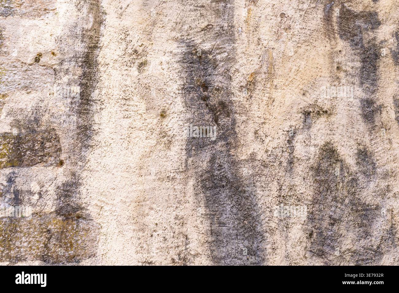 Parete in pietra intemprata che mostra erosione naturale e macchie d'acqua su un'antica struttura nella storica città di Porrentruy, Svizzera. Foto Stock