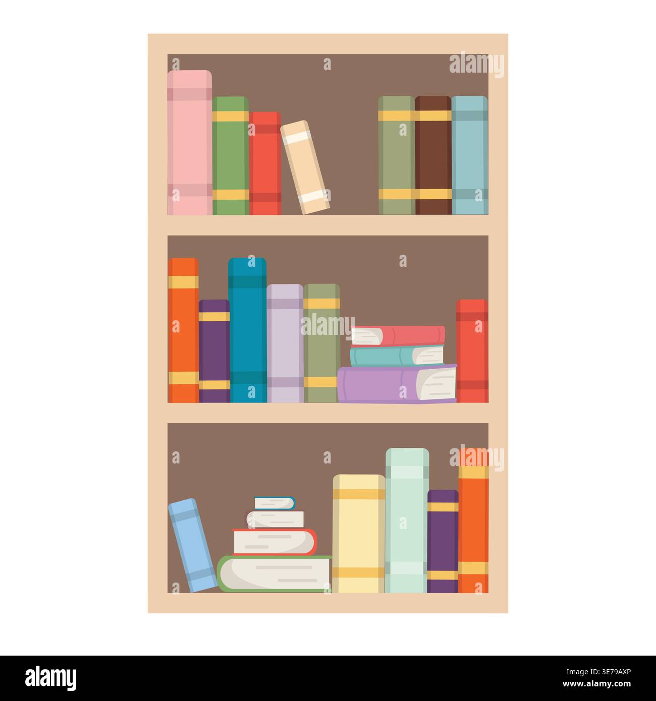 Libri sugli scaffali di una biblioteca, che rappresentano istruzione, conoscenza, lettura, studio accademico, e l'ambiente di apprendimento. Illustrazione Vettoriale