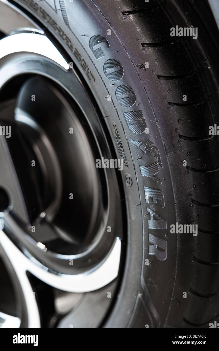 Leopoli, Ucraina - 8 aprile 2026: Primo piano con logo Goodyear sulle pareti laterali e struttura in gomma Foto Stock