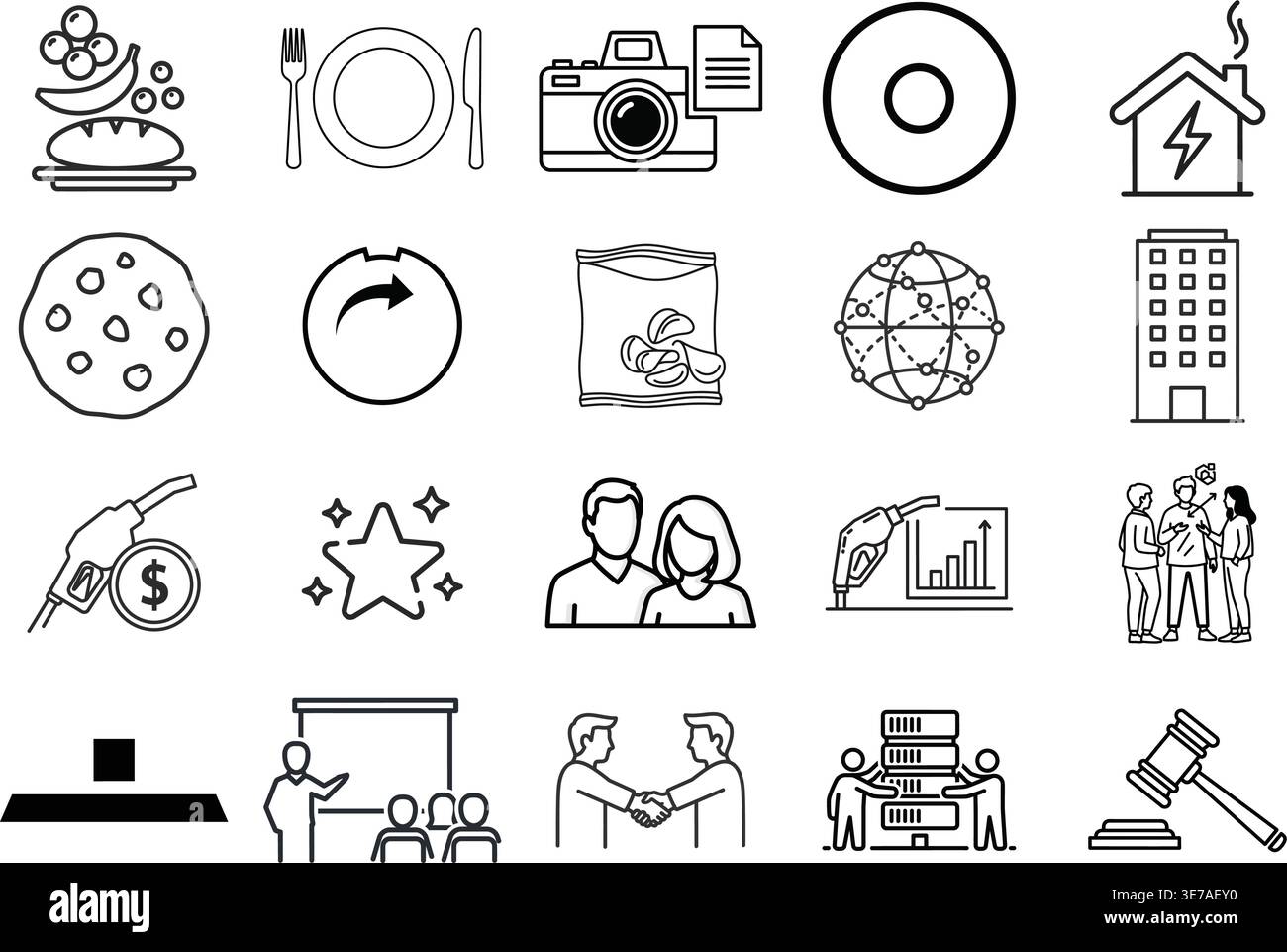 Una raccolta di 20 icone di linea diverse relative al lavoro e alla vita quotidiana Illustrazione Vettoriale