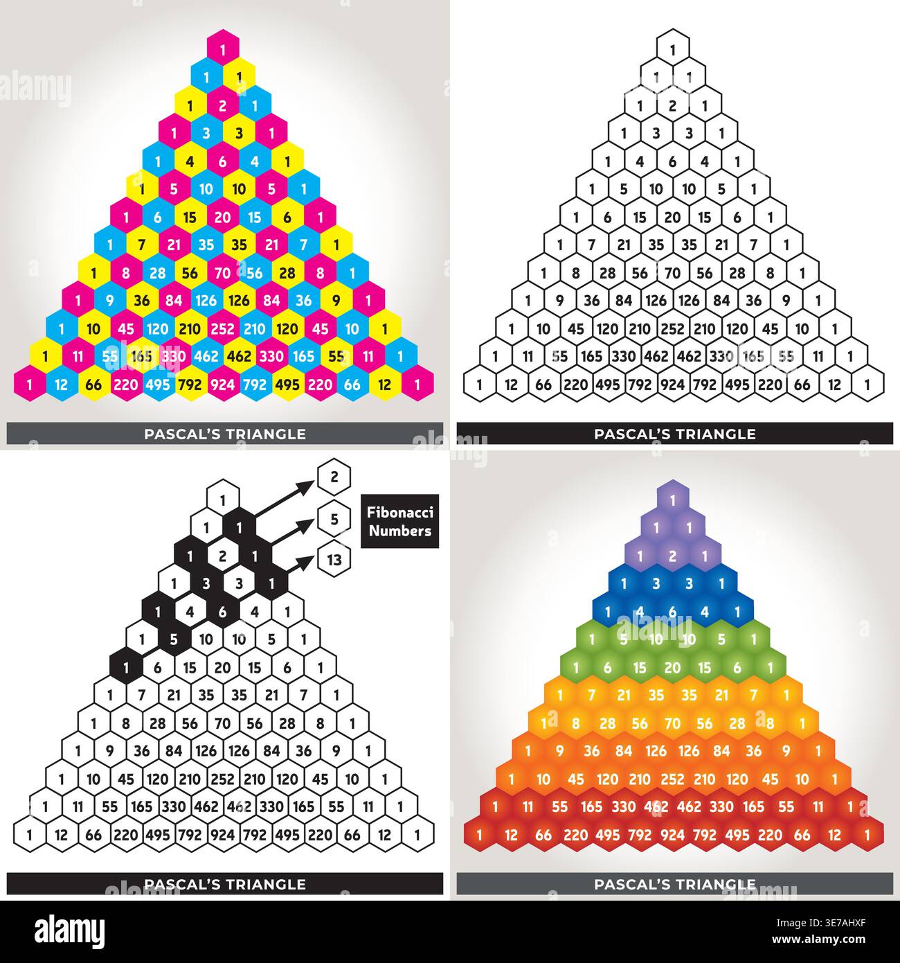 Four Pascal's Triangles – Rainbow Colors Mathematical and Combinatorial representation Vector Illumination Illustrazione Vettoriale