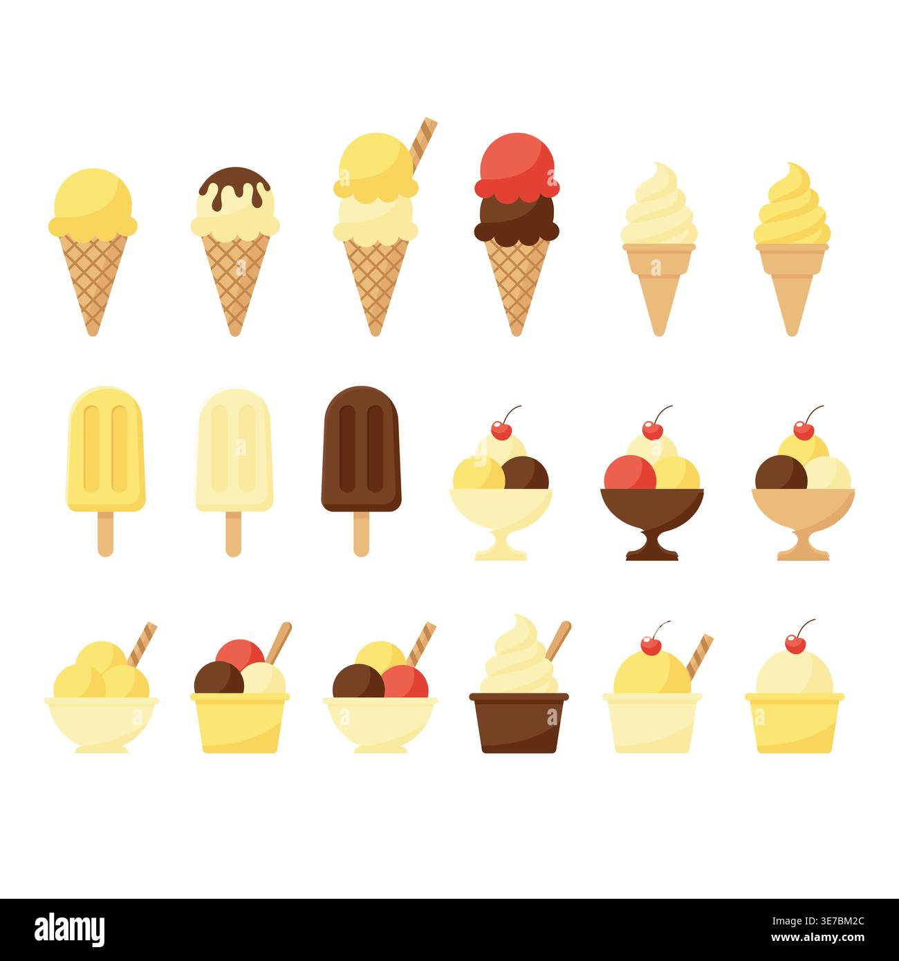Set di gelato con coni per cialde, papaveri e ciotole di sundae, illustrazione vettoriale isolata. Illustrazione Vettoriale