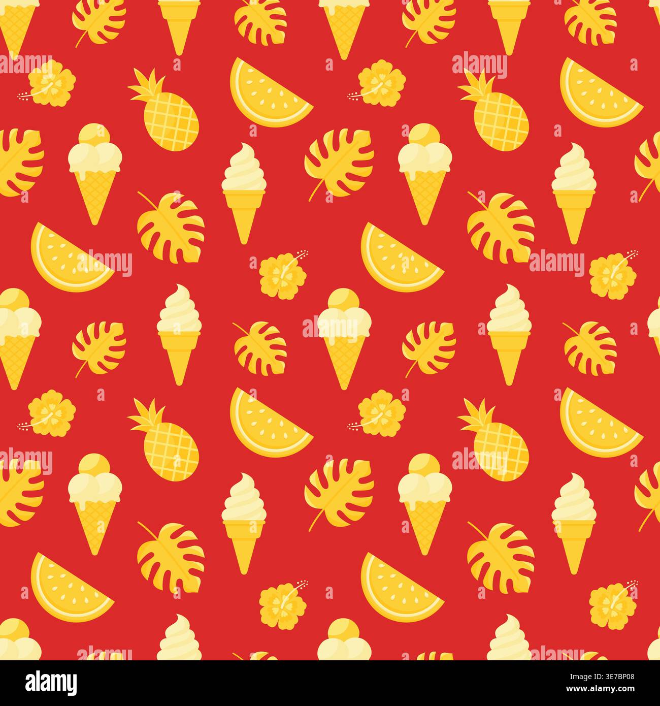 Motivo estivo senza cuciture con gelato giallo burro anguria e foglie di monstera su illustrazione vettoriale rossa. Illustrazione Vettoriale