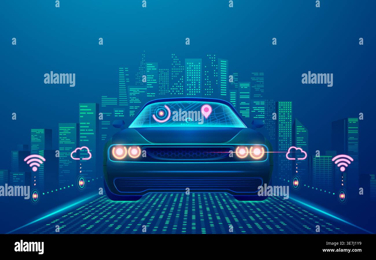 concetto di auto intelligente o di veicoli autonomi, grafica di auto senza conducente con città intelligente come sfondo Illustrazione Vettoriale