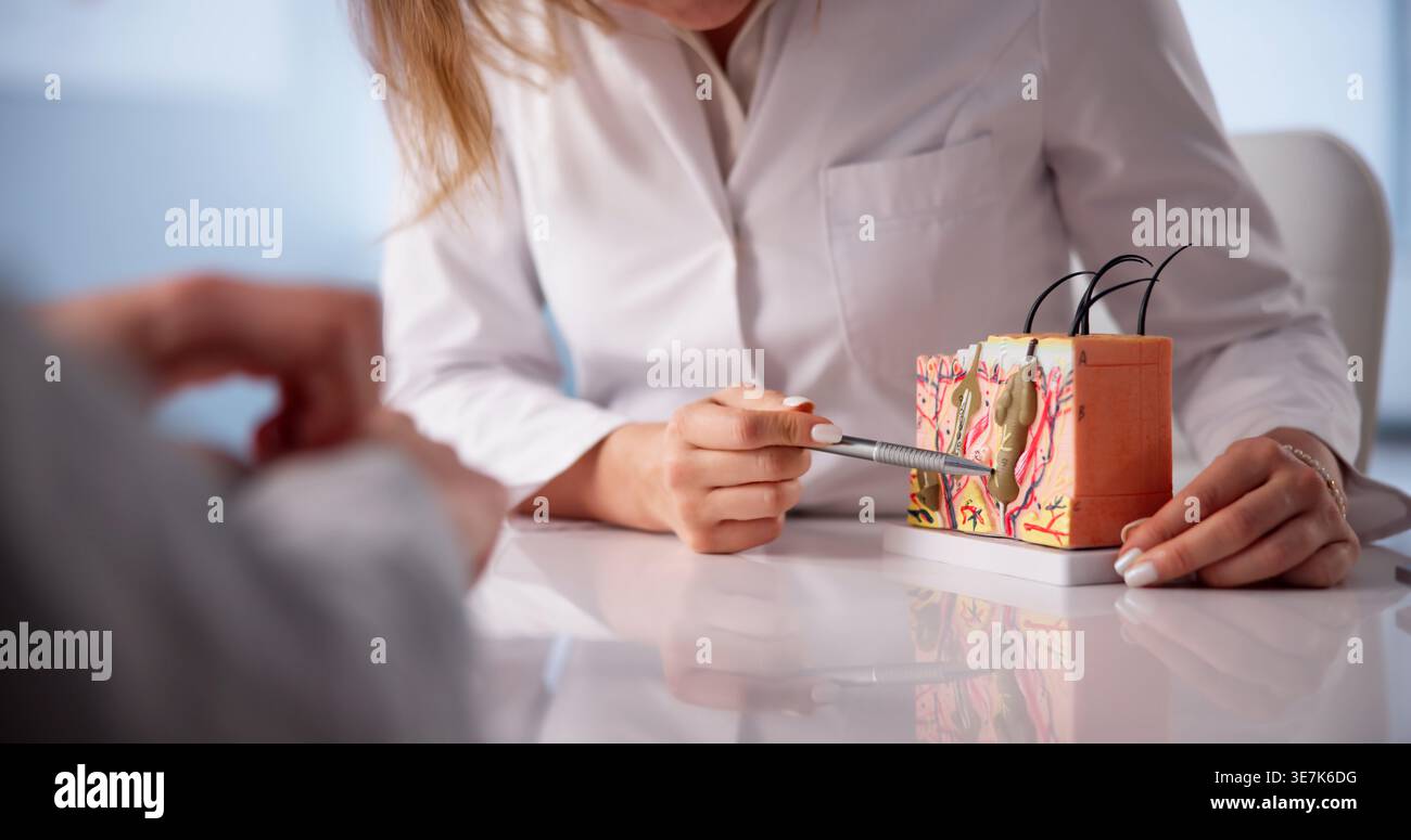 Il dermatologo dimostra il modello di anatomia cutanea mentre consulta il paziente in clinica Foto Stock