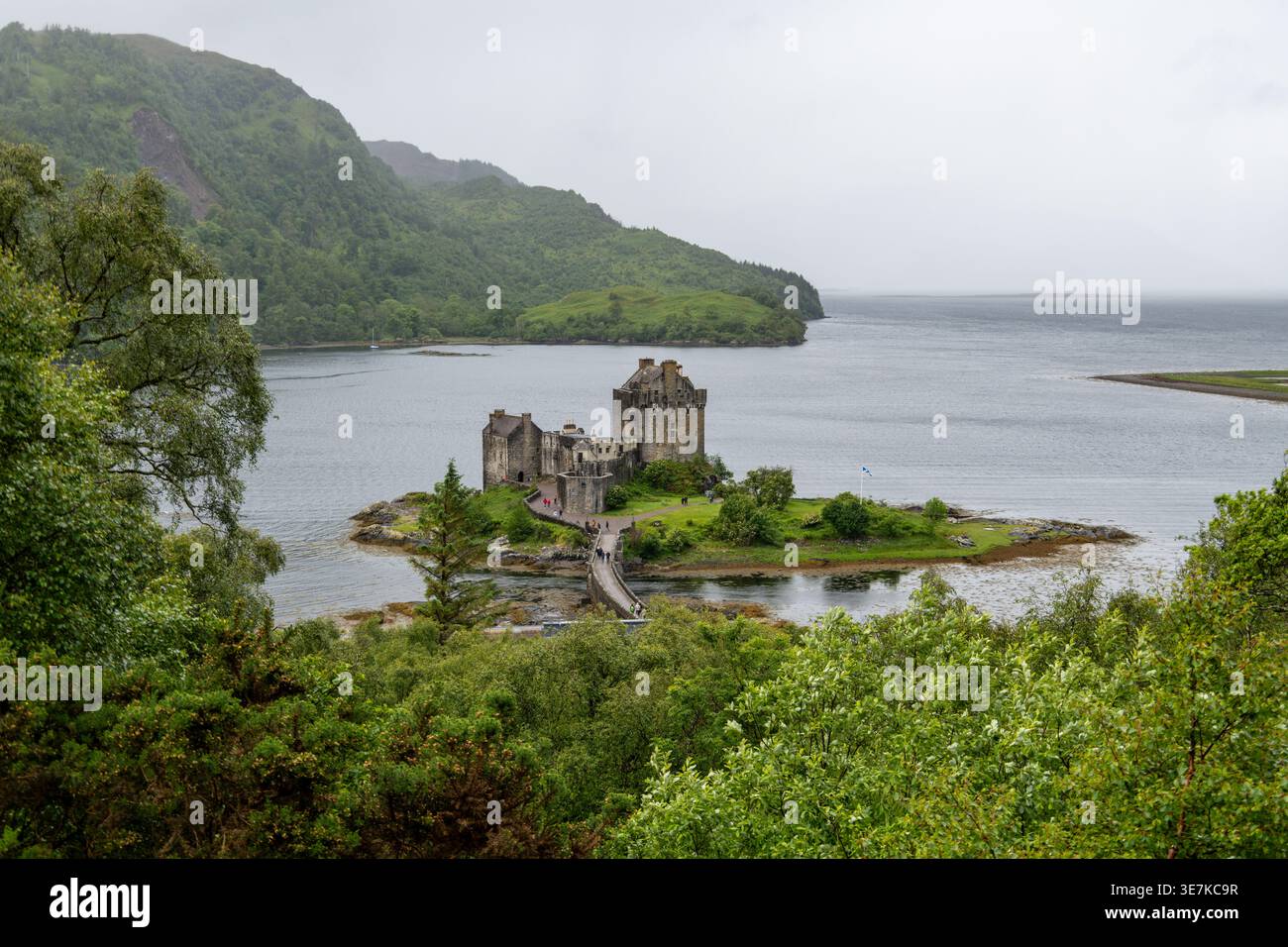 Vista dall'alto dello storico castello di Eilean Donan incorniciato da foglie verdi in primo piano sotto un tipico cielo scozzese, Highlands, Scozia Foto Stock