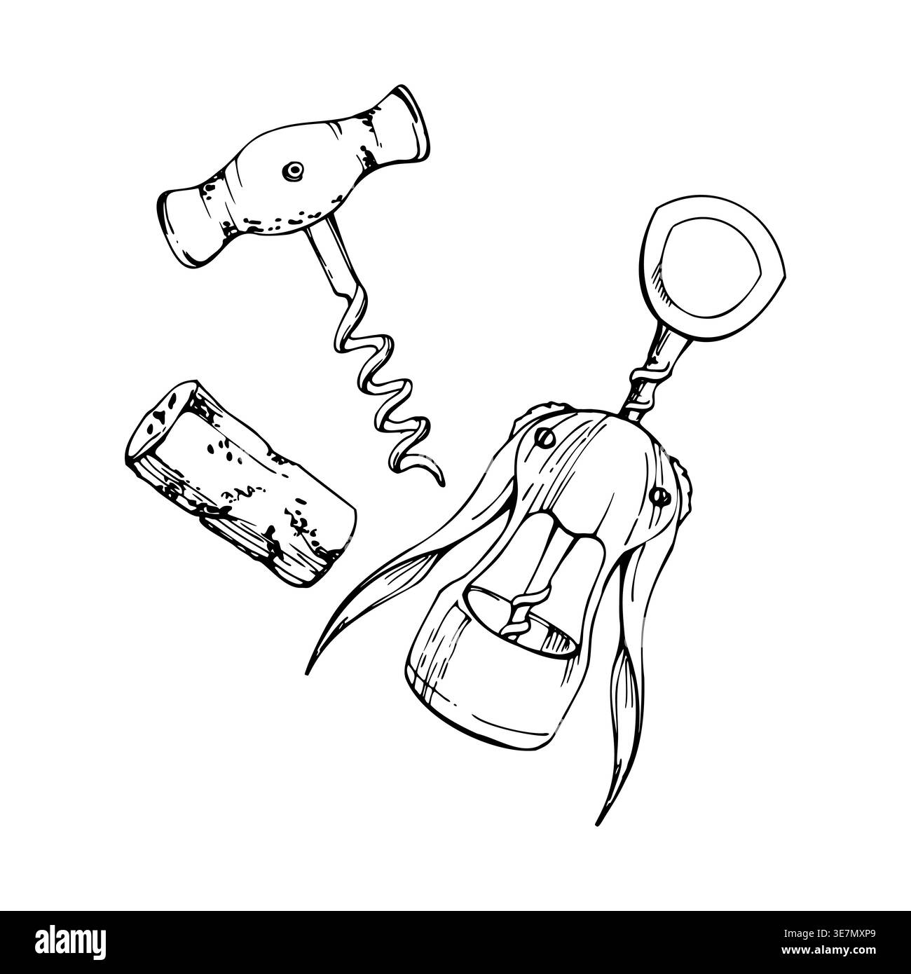 Utensili per apribottiglie a cavatappi alati a T, sughero. Illustrazione del vettore di inchiostro disegnata a mano per l'icona delle attrezzature da bar, il marchio dell'azienda vinicola, le guide dei sommelier, il vino Illustrazione Vettoriale