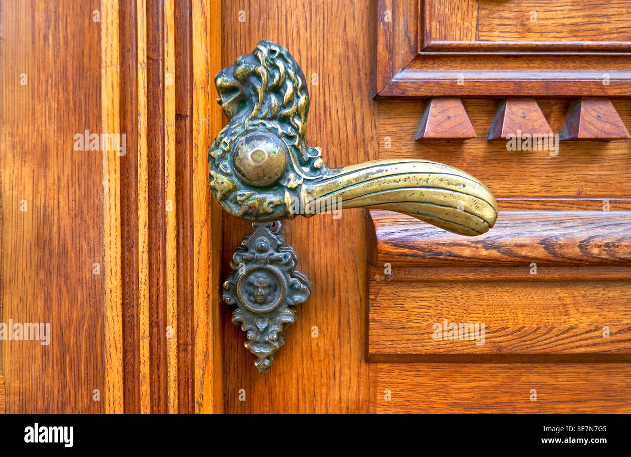 Maniglia in bronzo antico sulla porta in legno Foto Stock