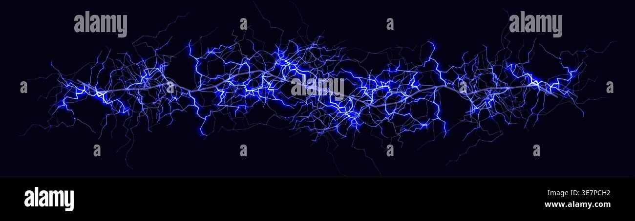 Linea di energia elettrica dei fulmini, scintille al plasma al neon blu, sfondo astratto ad alta tensione effetti fulmini per giochi VFX, banner tecnologici fantascientifici Illustrazione Vettoriale