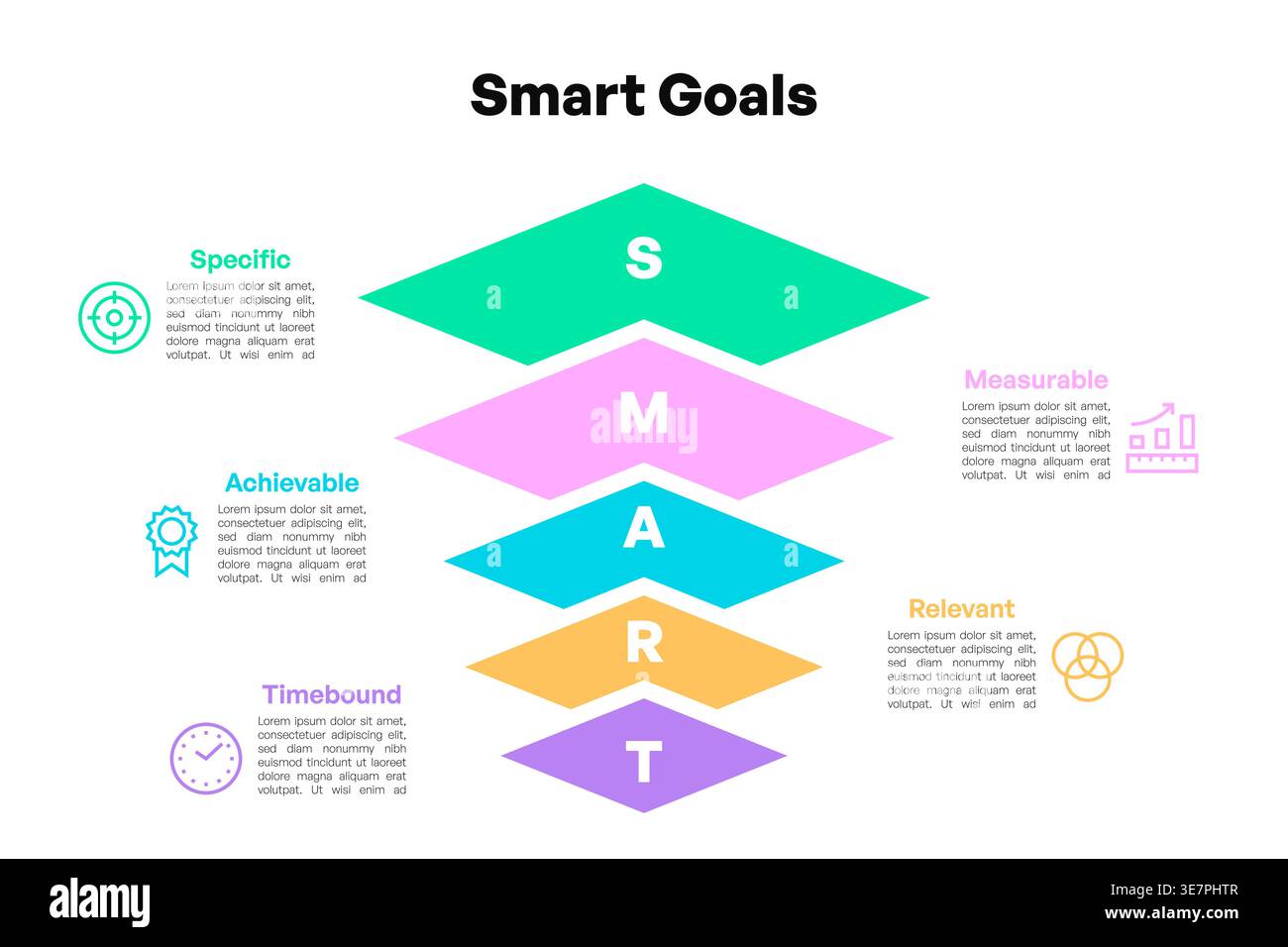 Infografica sugli obiettivi INTELLIGENTI con forme a rombo e descrizioni di testo illustrazione vettoriale Illustrazione Vettoriale