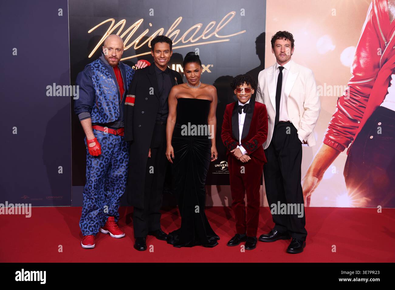 KeiLyn Durrel Jones, Jaafar Jackson, Nia Long, Juliano Valdi e Miles Teller partecipano al film biografico MICHAEL, Uber Platz, 10.4.26 Foto Stock