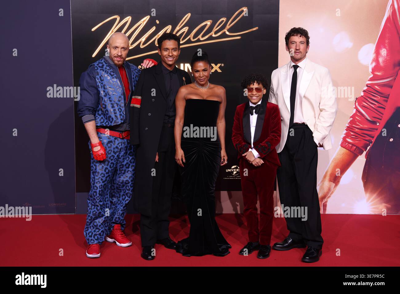 KeiLyn Durrel Jones, Jaafar Jackson, Nia Long, Juliano Valdi e Miles Teller partecipano al film biografico MICHAEL, Uber Platz, 10.4.26 Foto Stock