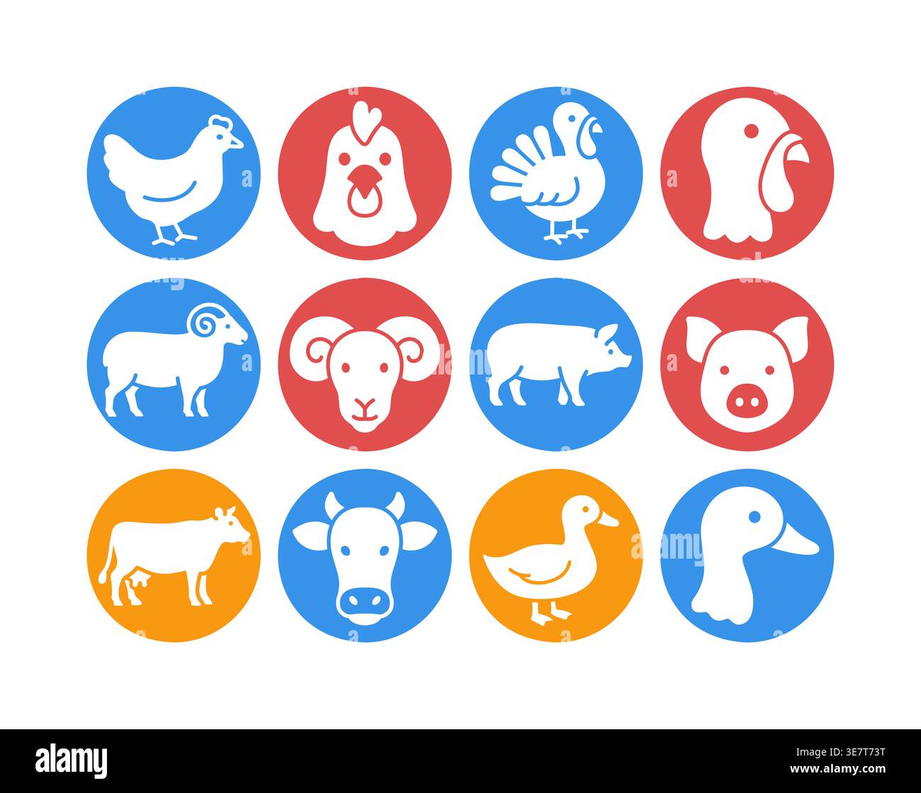 Raccolta di 12 icone del glifo nero animali d’allevamento e pollame, compresi suini, vacche, ovini, tacchini, polli e anatre. Disegno vettoriale piatto minimalista f Illustrazione Vettoriale