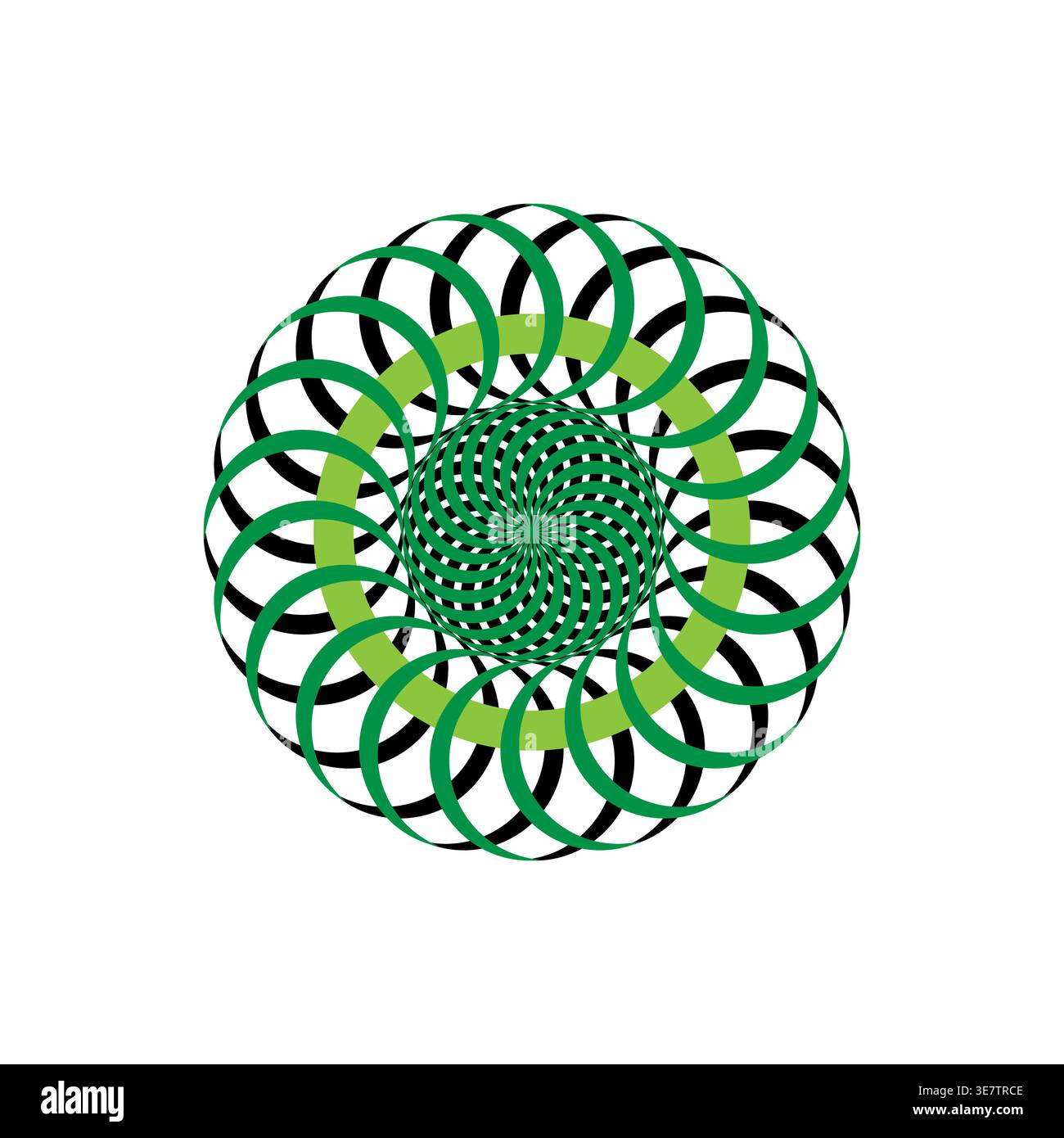 Motivo a spirale Mandala. Forma vettoriale verde/nero. Ripetizione circolare complessa. Elemento ottico astratto. Illustrazione Vettoriale