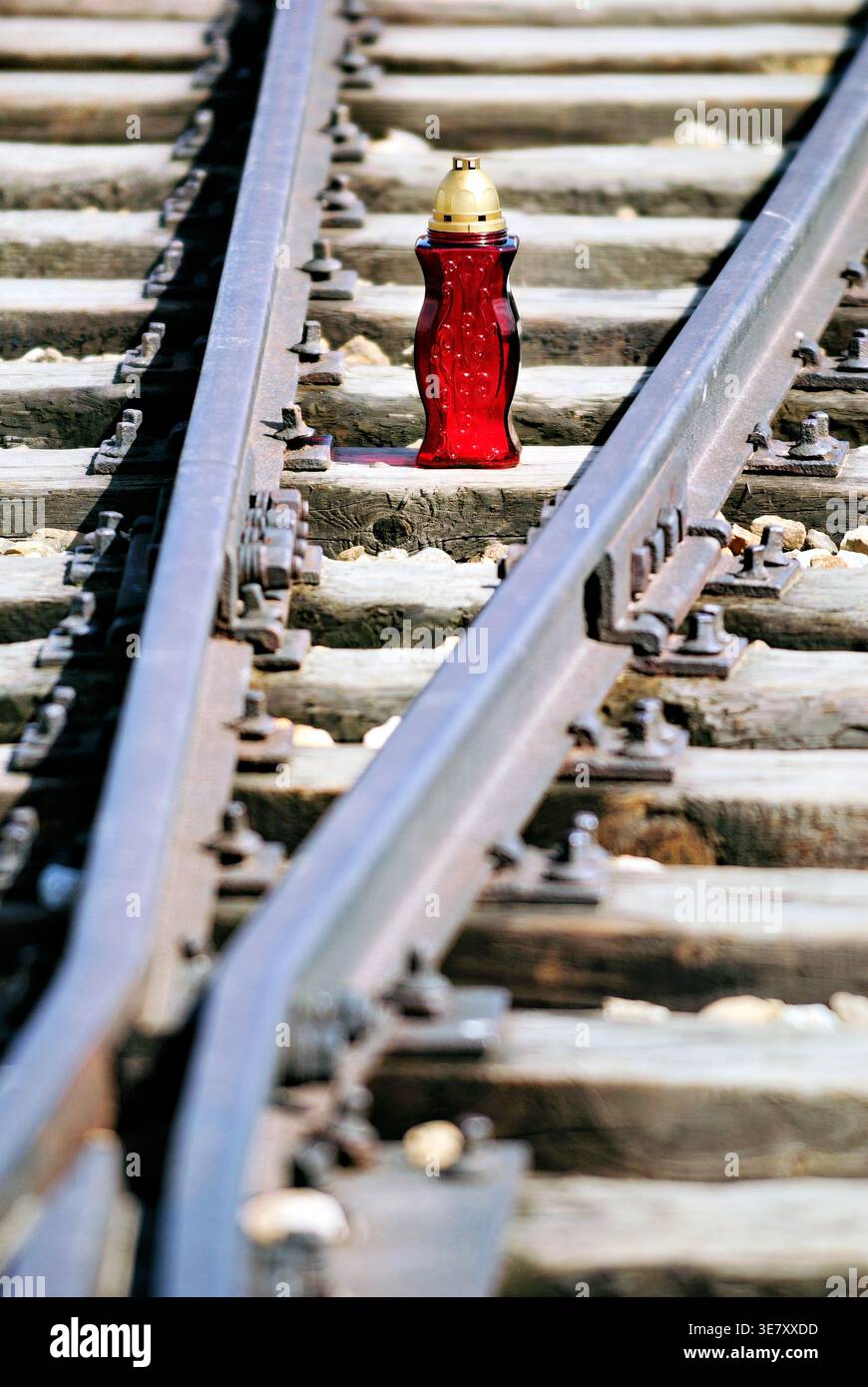 Nel campo di concentramento di Auschwitz, un oggetto rosso si trova sui binari del treno. La scena cattura un luogo storico legato alla seconda guerra mondiale Foto Stock