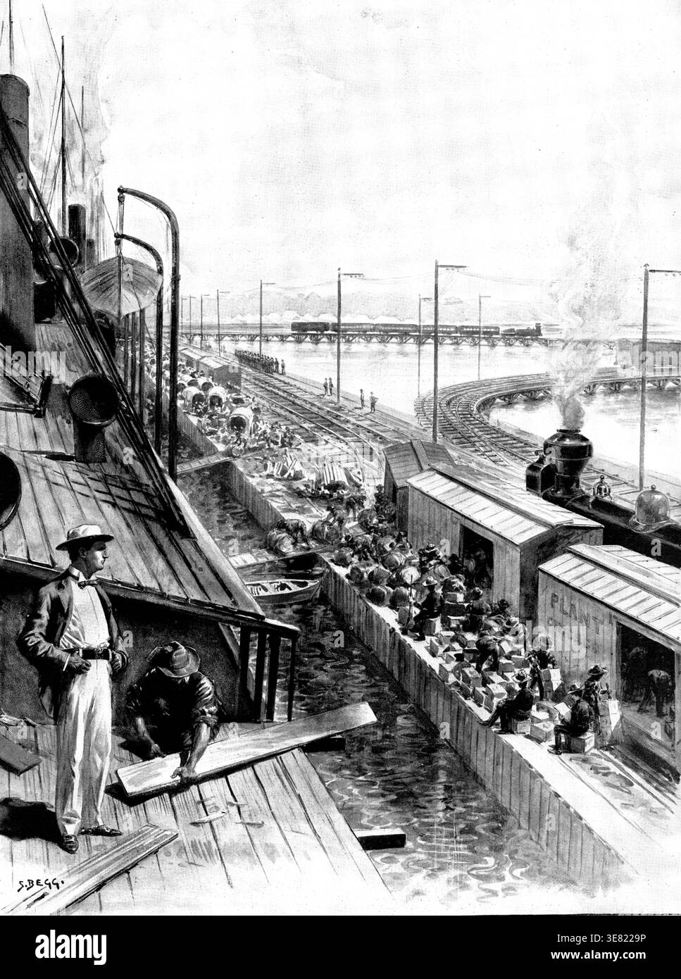 La guerra ispano-americana: Caricare la United States Transports a Tampa Bay..., 1898. '...a bordo del trasporto "Miami" n. 1. Da uno schizzo del nostro artista speciale, il signor H. C. Seppings Wright. Dr. Dudley, dello United States Hospital Service, che fa un giro di ispezione. I mezzi di trasporto sono dotati di una tenda in legno per proteggersi dal sole. Una serie completamente diversa di operazioni belliche sta per iniziare con lo sbarco di truppe a Cuba nella peggiore stagione dell'anno, per la campagna militare necessaria per assediare, nella parte orientale di quell'isola, il fortificato e S Foto Stock